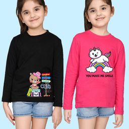 NUSYL Girls Black & Pink Pack of 2 Graphic Printed T-shirts-image-37