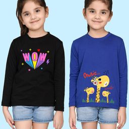 NUSYL Girls Black & Blue Pack of 2 Graphic Printed T-shirts-image-46