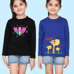 NUSYL Girls Black & Blue Pack of 2 Graphic Printed T-shirts-image-12