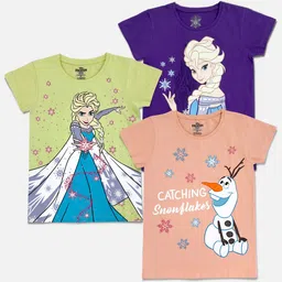 Kids Ville Girls Purple & Green Typography Pack of 3 Frozen Printed Pure Cotton T-shirt-image-42
