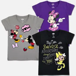 Kids Ville Girls Black & Grey Pack of 3 Mickey & Friends Printed Pure Cotton T-shirt-58