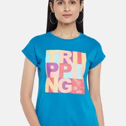 People Women Blue Typography Printed Cotton T-shirt-picture-1