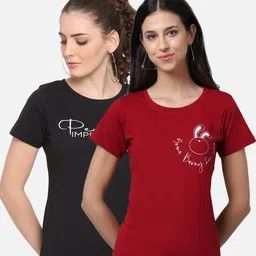 UnaOne Women Pack Of 2 Maroon & Black Printed Pure Cotton T-shirt-image-35