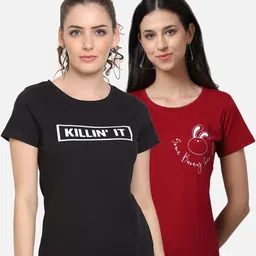 UnaOne Pack Of 2 Women Maroon & Black Typography Printed T-shirt-image-78