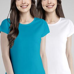 Pootlu Women Blue & White Pack of 2 Solid Pure Cotton T-shirt-image-95