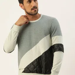 Campus Sutra Men Grey Melange & Off-White Colourblocked Quilted Bio Wash Sweatshirt-picture-7