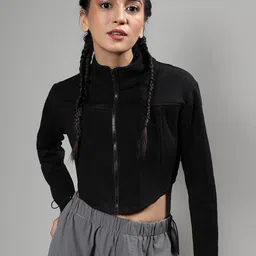 Campus Sutra Mock Collar Cotton Front Open Cropped Sweatshirt-picture-14