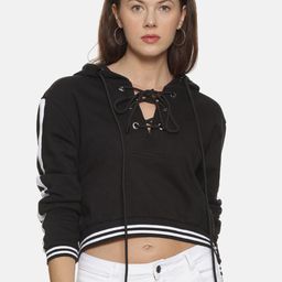Campus Sutra Women Black Hooded Pure Cotton Cropped Pullover Sweatshirt-image-29