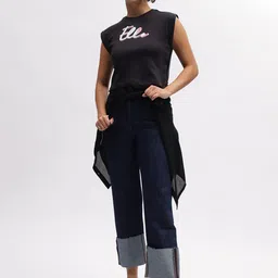 ELLE Typography Printed Round Neck Sleeveless Cotton Relaxed Fit Crop T-shirt-image-40