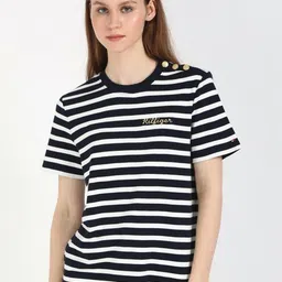Tommy Hilfiger Women Striped Round Neck Cotton T-shirt-image-58