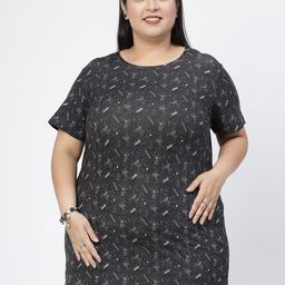 plusS Black Graphic Printed Drop-Shoulder Sleeves Regular Fit Cotton Casual  T-shirt-image-115