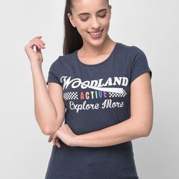 Woodland Women Blue Typography Printed Regular Fit T-shirt-image-57