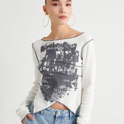 Koton Graphic Printed Boat Neck Long Regular Sleeves Raw Edge T-shirt-image-65