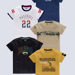 BAESD Boys Pack of 5 Typography Printed Round Neck Pure Cotton T-shirts-image-26