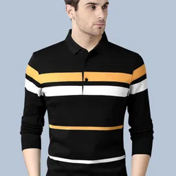 EyeboglerStriped Polo Collar Three-Quarter Sleeves Cotton T-shirt-image-76