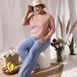 CURVY STREET Plus Size V-Neck Cotton T-shirt-image-90