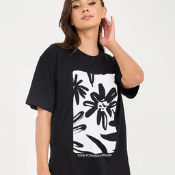 Styli Black Abstract Printed Tropical Cotton T-shirt-image-59