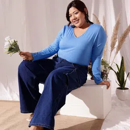 CURVY STREET Plus Size V-Neck Cotton T-shirt-54
