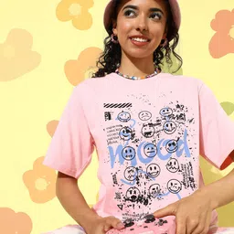 DILLINGER Pink & Black Printed Oversized Pure Cotton Longline T-shirt-picture-20