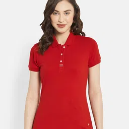 METTLE Women Red Polo Collar Cotton T-shirt-image-3