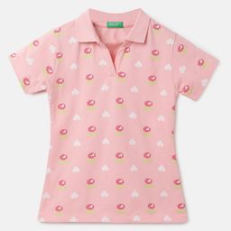 United Colors of Benetton Girls Floral Printed Polo Collar Pure Cotton T-shirt-image-54