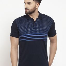 WILD WEST Men Navy Blue Printed Polo Collar Pure Cotton T-shirt-image-90