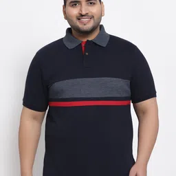 Kalt Men Plus Size Navy Blue Striped Polo Cotton T-shirt-image-91
