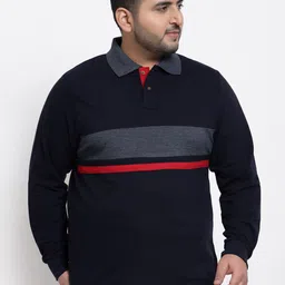 Kalt Men Plus Size Navy Blue Striped Polo Collar T-shirt-image-90