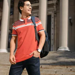 Harvard Men Orange Striped Polo Collar T-shirt-image-71