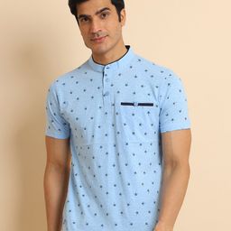 berry blues Conversational Printed Short Sleeves Mandarin Collar Cotton T-shirt-image-85