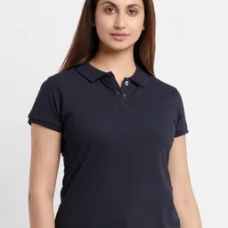Status Quo Women Navy Blue Polo Collar Cotton T-shirt-image-33