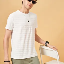 People White Striped Slim Fit Pure Cotton T-shirt-image-69