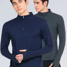 appulse Men Navy Blue & Grey Pack of 2 One-Fourth Zipper Thumb-Open Cotton T-shirt-image-53