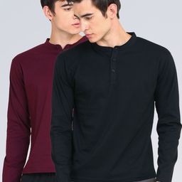 appulse Men Black & Maroon Pack of 2 Mandarin Collar Slim Fit Cotton T-shirt-image-59