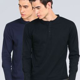 appulse Men Navy Blue & Black Pack of 2 Mandarin Collar Slim Fit Cotton T-shirt-image-68