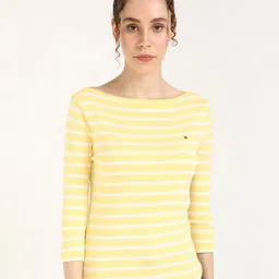 Tommy Hilfiger Women Striped Boat Neck Slim Fit Cotton T-shirt-image-37
