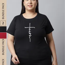 UnaOne Plus Size Pack of 2 Round Neck Pure Cotton Slim Fit T-shirts-image-97