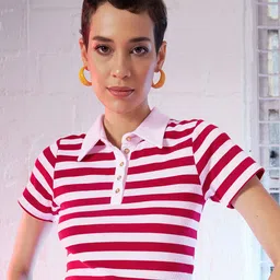 SASSAFRAS Red & White Striped Polo Collar Slim Fit T-shirt-32