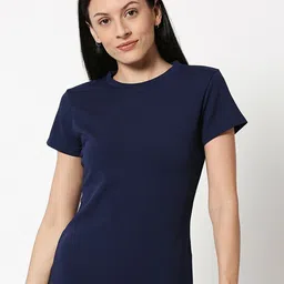 Bewakoof Women Cotton Blue Solid Slim Fit Pure Cotton T-shirt-picture-31