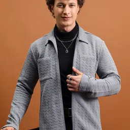HIGHLANDER Self Design Shirt Collar Front-Open Sweatshirt-picture-11