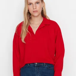 Trendyol Cherry Red Shirt Collar Regular Sweatshirt-image-12