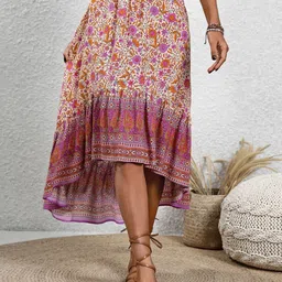 StyleCast Red & Beige Floral Printed A-Line Midi Skirt-picture-12