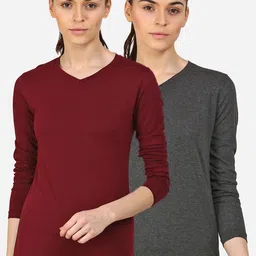 appulse Women Grey & Maroon Set Of 2 V-Neck Slim Fit Running T-shirt-image-95