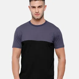 MADSTO Men Blue & Black Colourblocked Slim Fit Running Pure Cotton T-shirt-picture-5