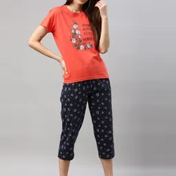 Kryptic Women Coral & Navy Blue Printed Night suit-image-47
