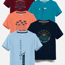 HELLCAT Boys Pack Of 5 Typography Printed Cotton T-shirt-image-42