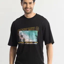 Snitch Black Graphic Printed Drop-Shoulder Sleeves Pure Cotton T-shirt-image-19