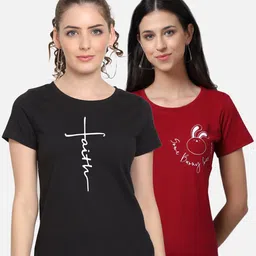 UnaOne Women Pack of 2 Black & Maroon Printed T-shirt-image-89