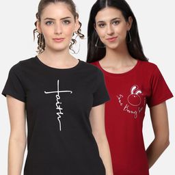 UnaOne Women Black & Maroon Pack of 2 Pure Cotton Typography Printed T-shirt-image-51