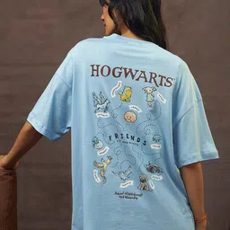 Bewakoof Blue Harry Potter Printed Round Neck Short Sleeves Cotton Oversized T-shirt-image-48